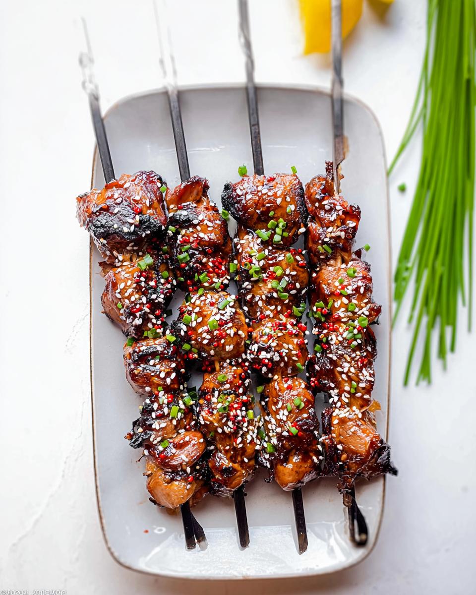 Close-up of Easy Japanese Chicken Yakitori Skewers glazed and topped with sesame seeds and chives.