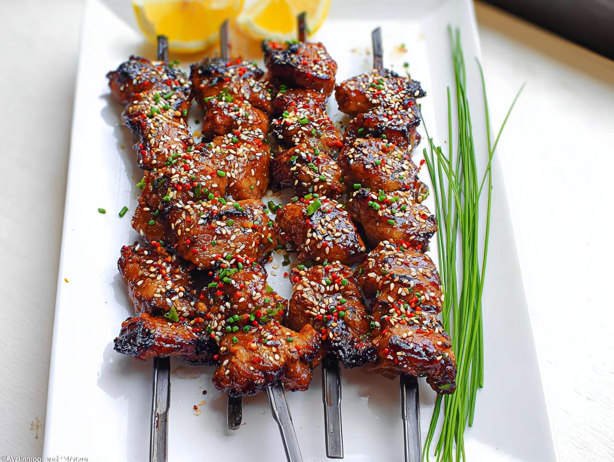 Close-up of Easy Japanese Chicken Yakitori Skewers glazed and sprinkled with sesame seeds and chili flakes.