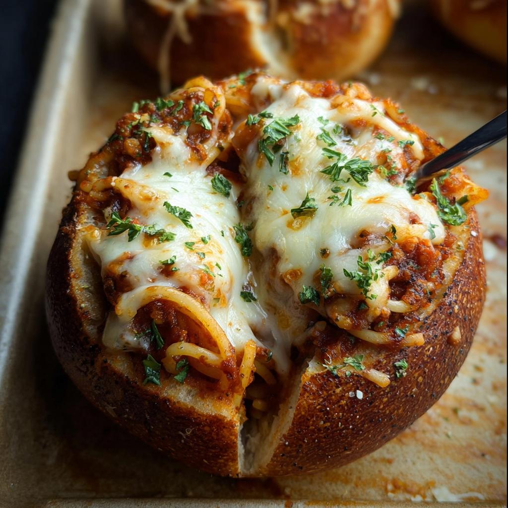 A close-up of an Easy Spaghetti Garlic Bread Bowl overflowing with spaghetti, meat sauce, and melted cheese, garnished with parsley.