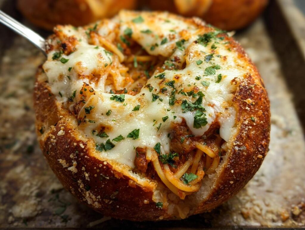 A close-up of an Easy Spaghetti Garlic Bread Bowl overflowing with spaghetti and topped with melted cheese and parsley.