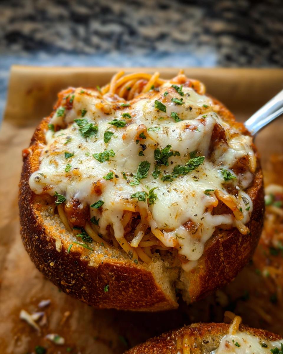 Close-up of an Easy Spaghetti Garlic Bread Bowl filled with spaghetti and topped with melted cheese and parsley.
