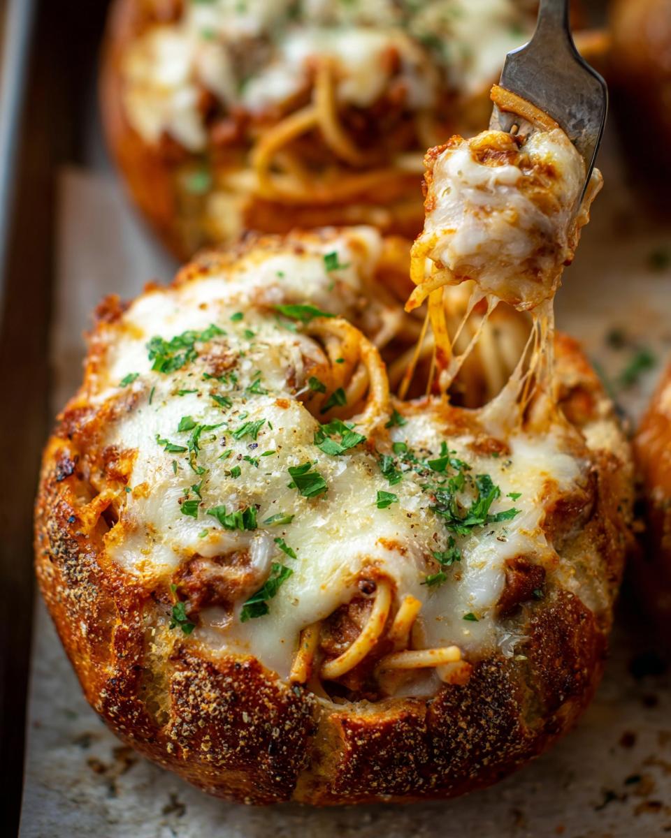 A fork pulling a cheesy bite from an Easy Spaghetti Garlic Bread Bowl filled with spaghetti and topped with melted mozzarella.