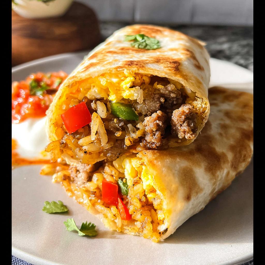 Close-up of a halved Effortless & Tasty Freezer Breakfast Burrito filled with scrambled eggs, rice, ground meat, and peppers.