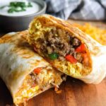 A close-up of two halves of a tasty freezer breakfast burrito, filled with scrambled eggs, ground meat, rice, and peppers.