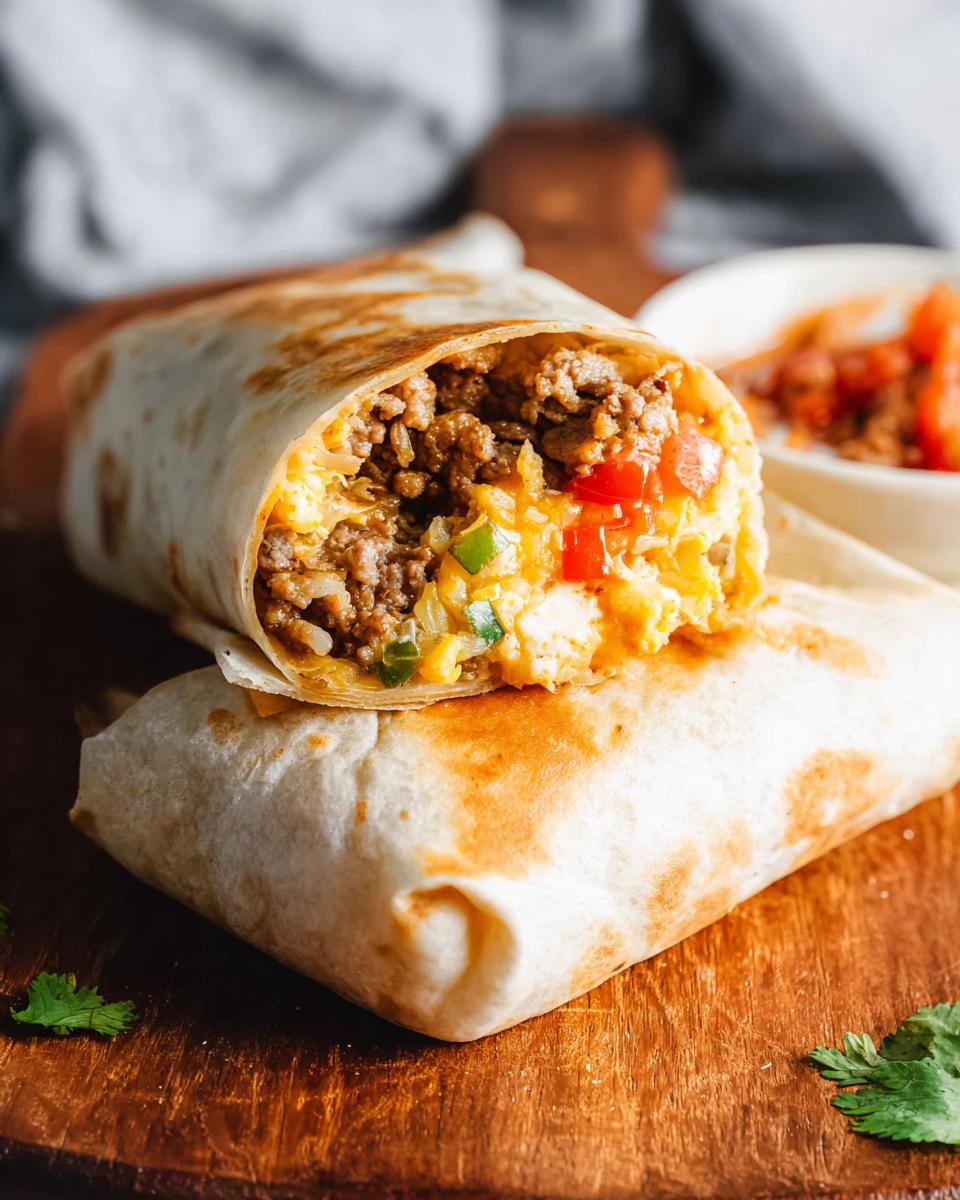 Close-up of an Effortless & Tasty Freezer Breakfast Burrito, cut in half to show the filling of scrambled eggs, sausage, cheese, and peppers.