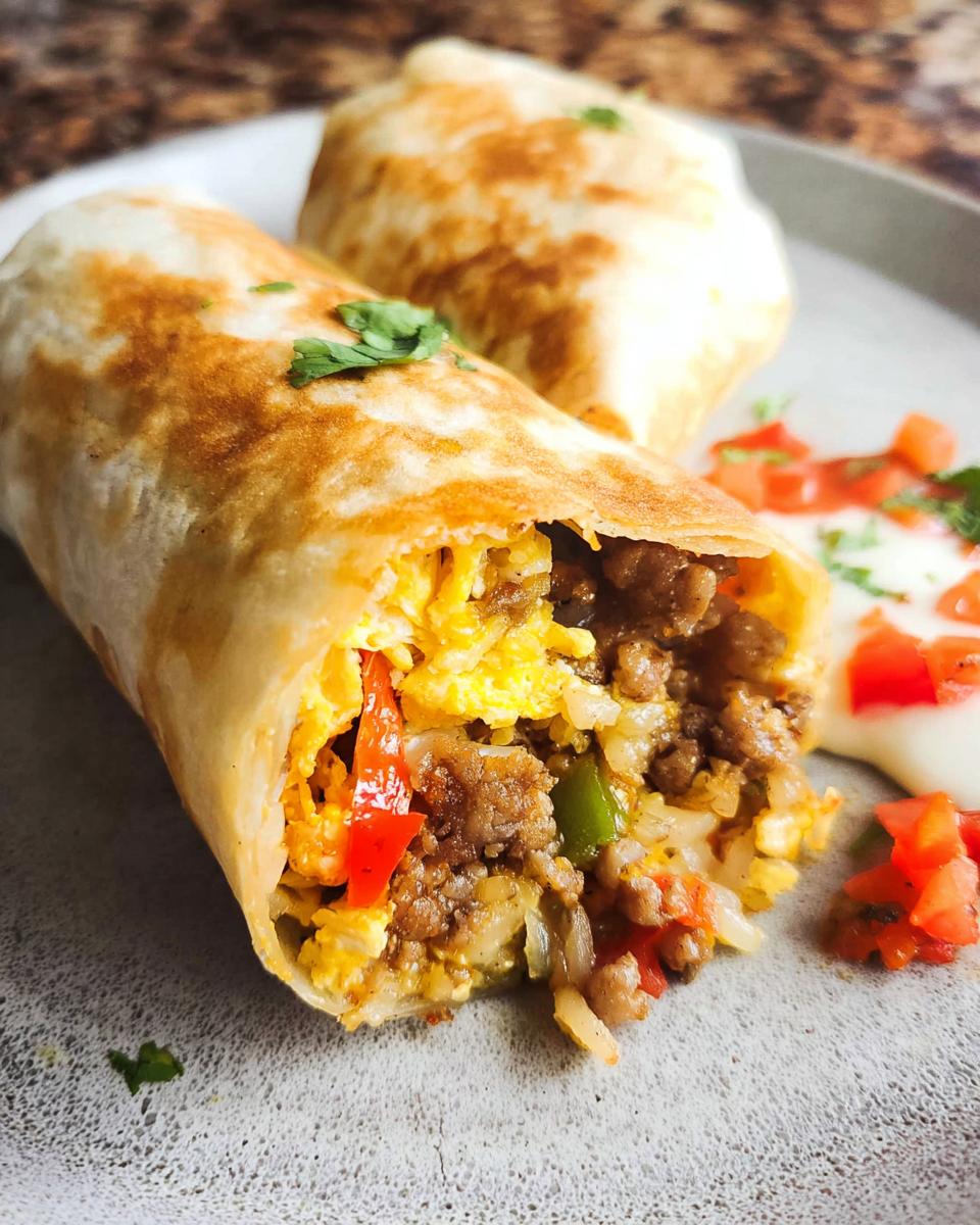 Close-up of a delicious freezer breakfast burrito filled with scrambled eggs, sausage, peppers, and onions, served with a side of salsa.