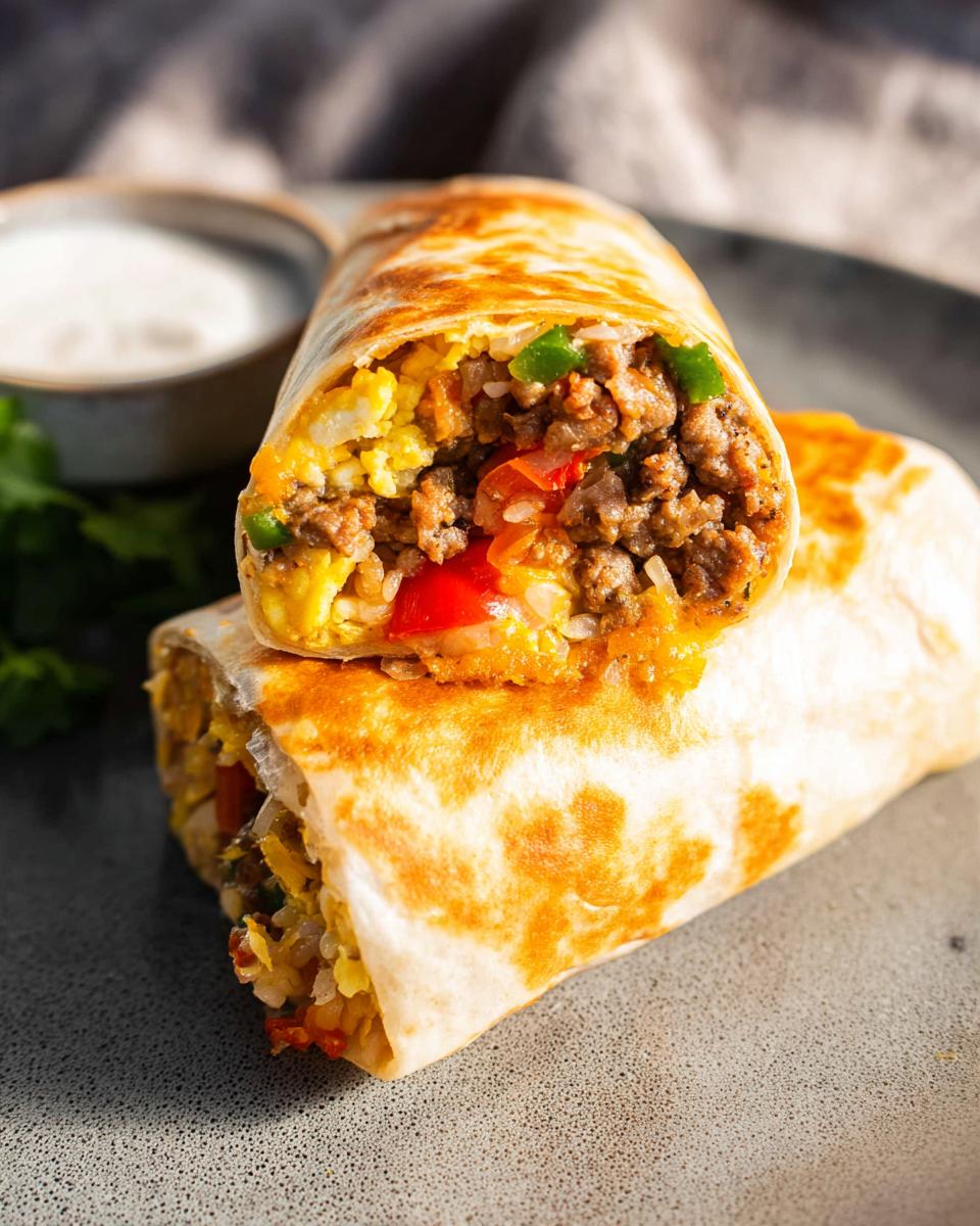 A close-up of two halves of an Effortless & Tasty Freezer Breakfast Burrito, revealing scrambled eggs, seasoned meat, rice, and vegetables.