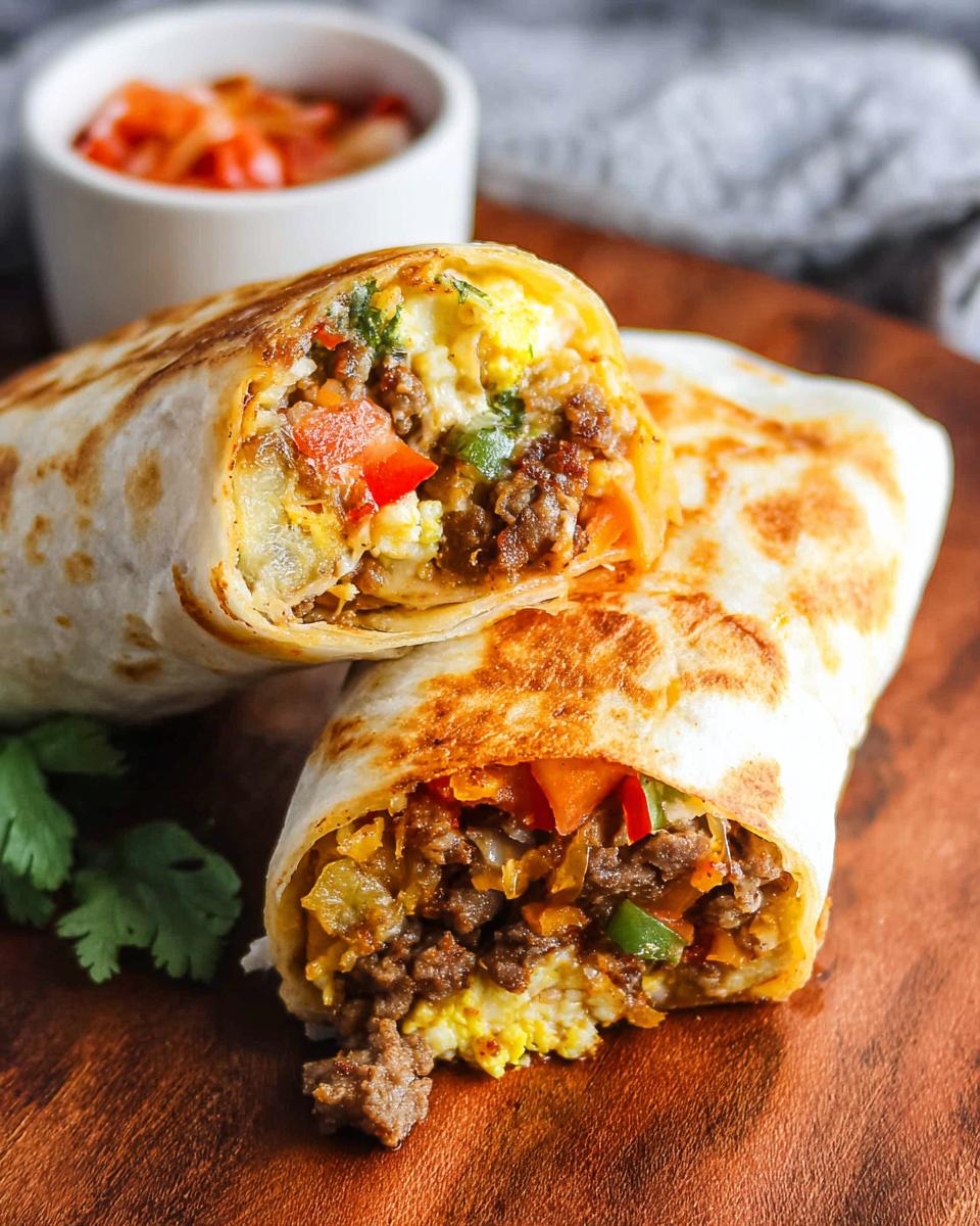 A close-up of an Effortless & Tasty Freezer Breakfast Burrito, cut in half to reveal scrambled eggs, seasoned ground meat, and diced vegetables.