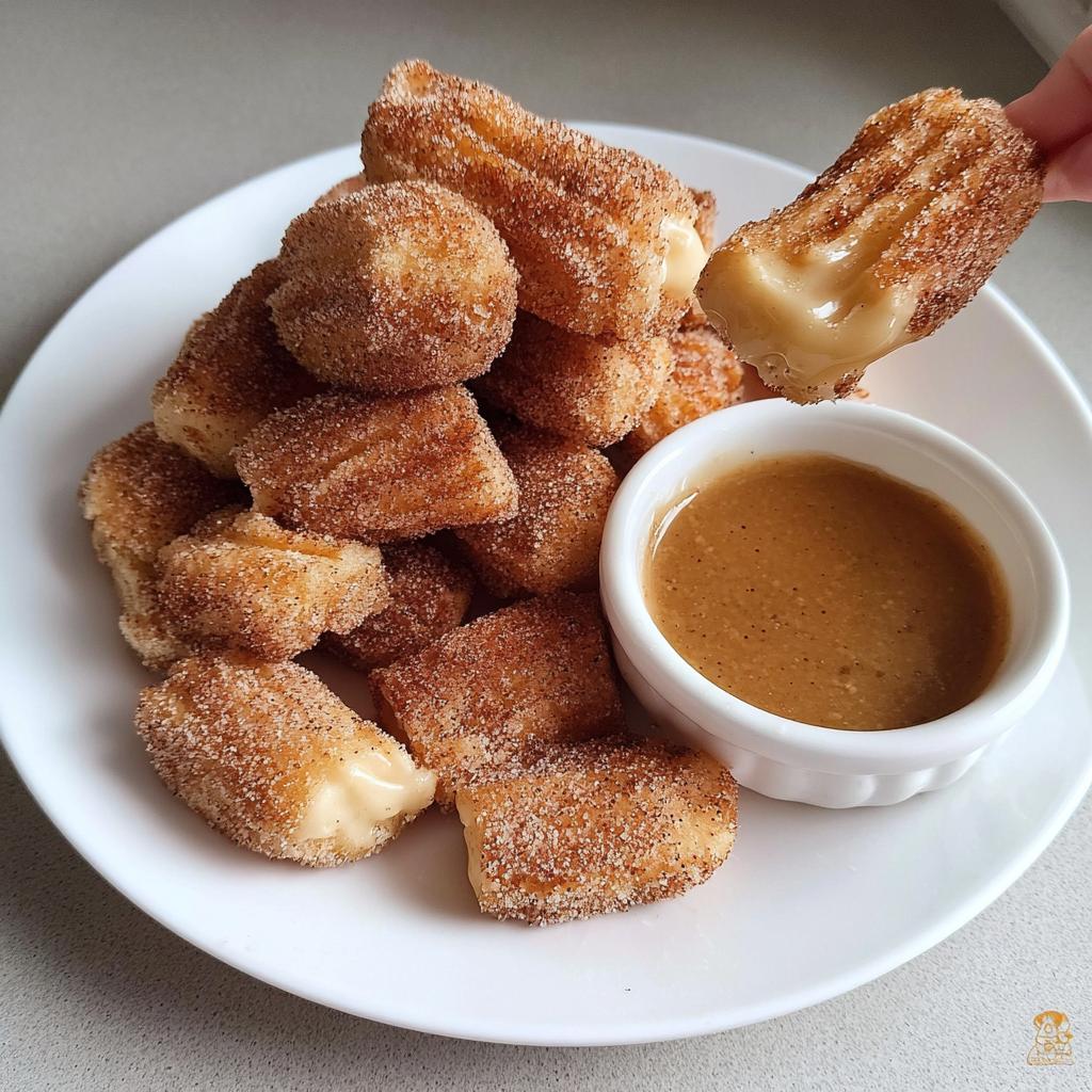 A plate piled high with fluffy air fryer churro bites, coated in cinnamon sugar, with a small bowl of caramel dip.