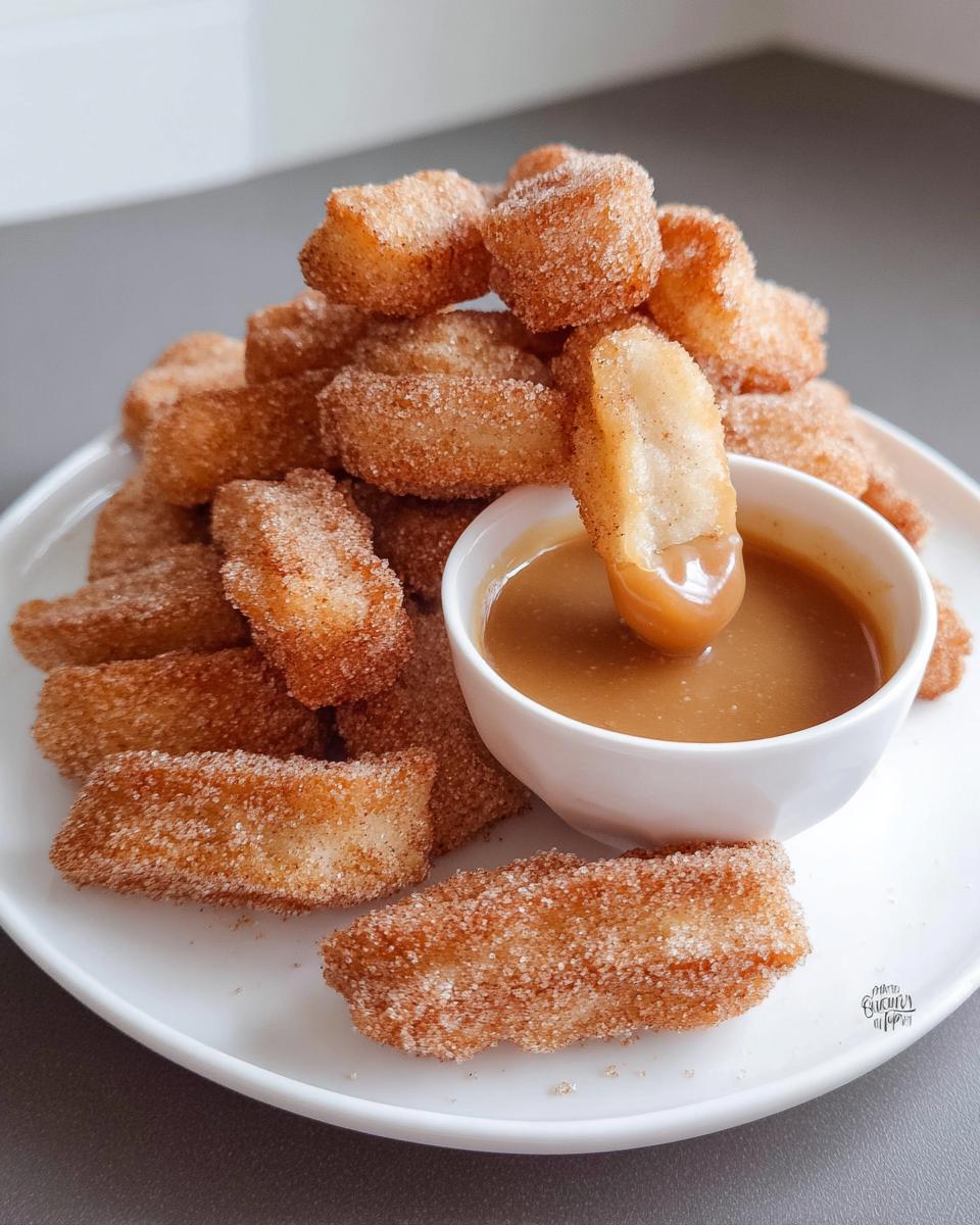 A pile of fluffy air fryer churro bites coated in cinnamon sugar, with one bite being dipped into a caramel sauce.