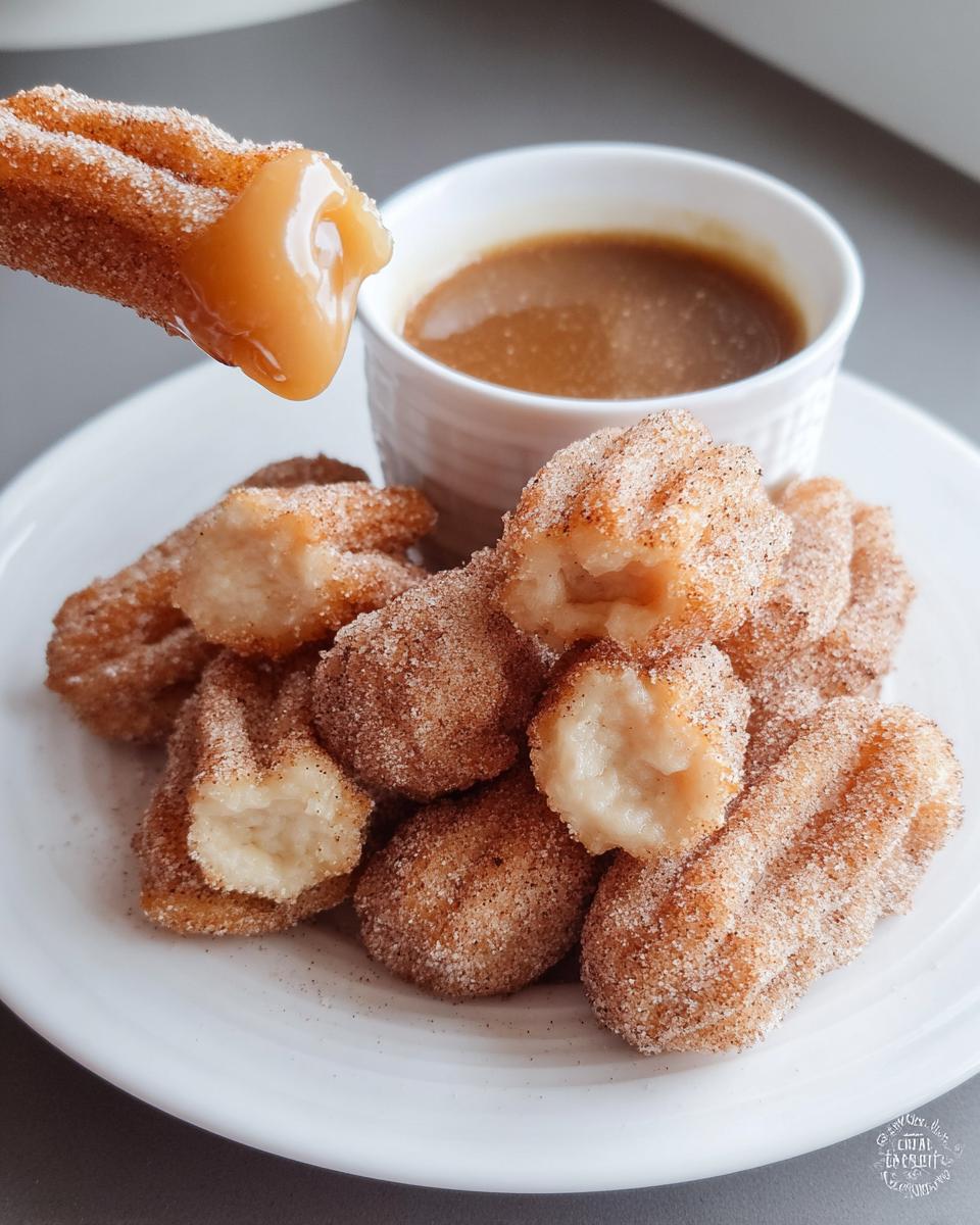 A close-up of fluffy air fryer churro bites coated in cinnamon sugar, with one bite being dipped into a caramel sauce.