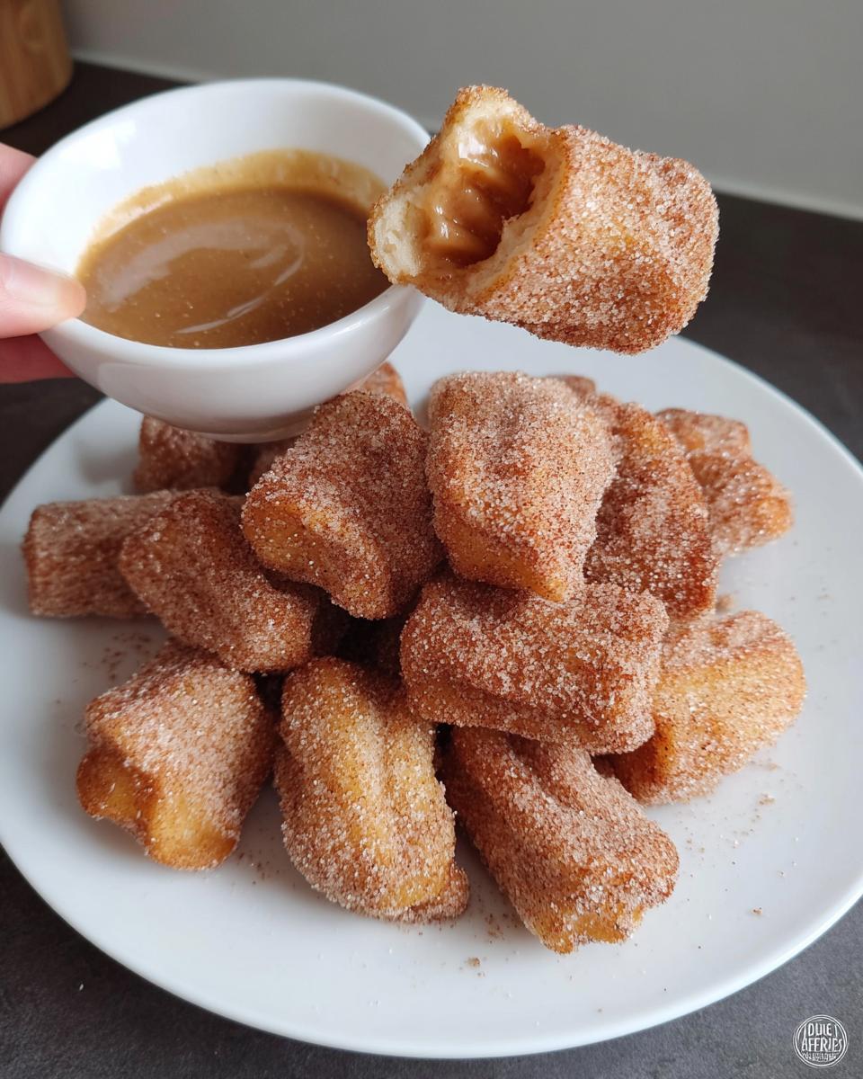 A hand dips a fluffy air fryer churro bite into a caramel sauce, with a pile of churro bites on a plate.