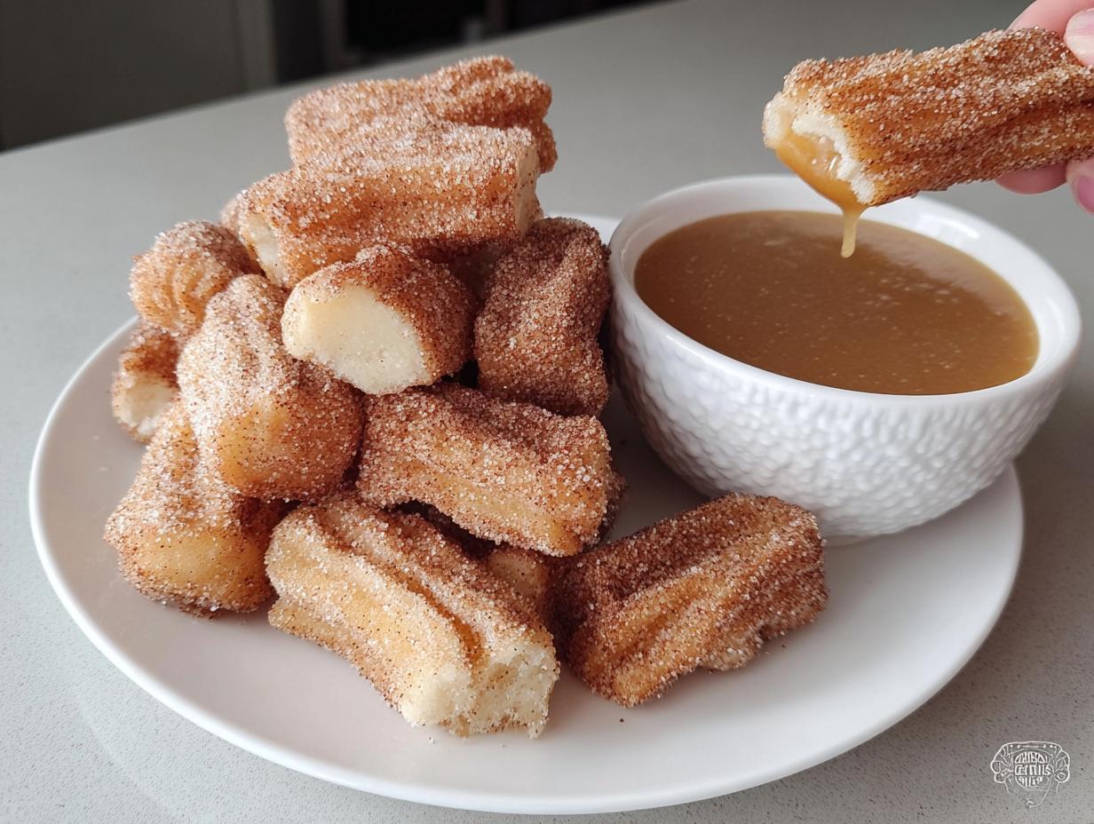 A pile of fluffy air fryer churro bites coated in cinnamon sugar, with one bite being dipped into a bowl of caramel sauce.