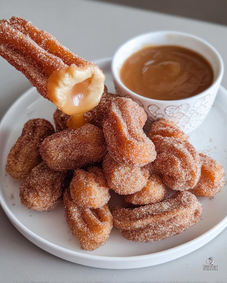 A close-up of fluffy air fryer churro bites coated in cinnamon sugar, with one bite being dipped into a caramel sauce.