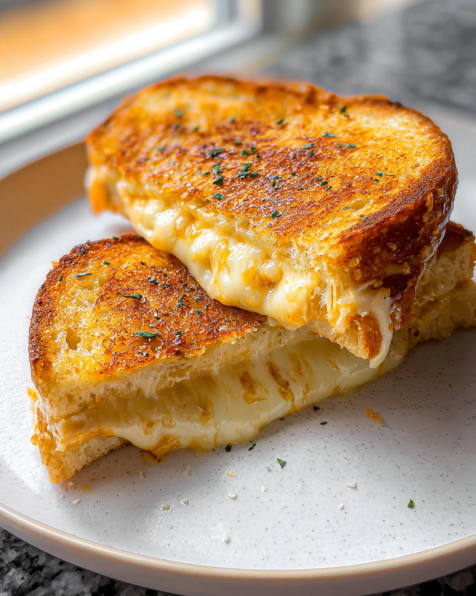 A close-up of a delicious Garlic Bread Grilled Cheese sandwich, with melted cheese oozing out.