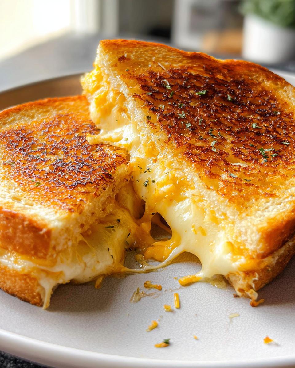 Close-up of a gooey Garlic Bread Grilled Cheese sandwich, with melted cheese oozing out.