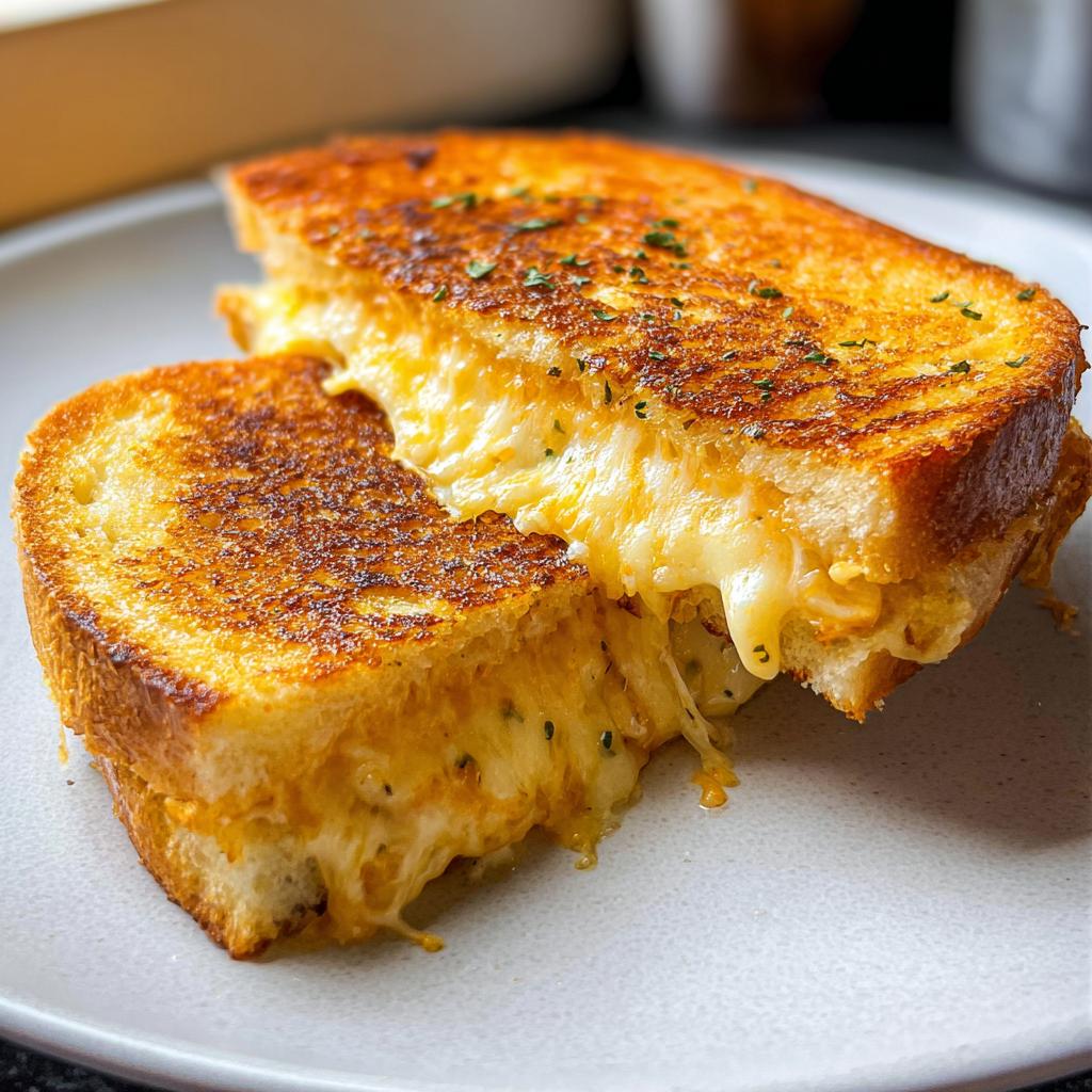 A close-up of a perfectly grilled Garlic Bread Grilled Cheese sandwich, oozing with melted cheese and sprinkled with herbs.
