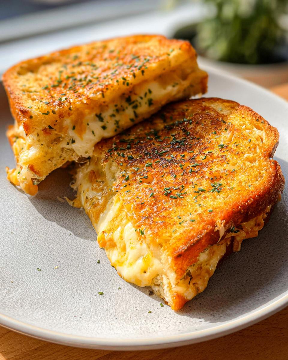 A close-up of a perfectly grilled Garlic Bread Grilled Cheese sandwich, oozing with melted cheese and sprinkled with herbs.