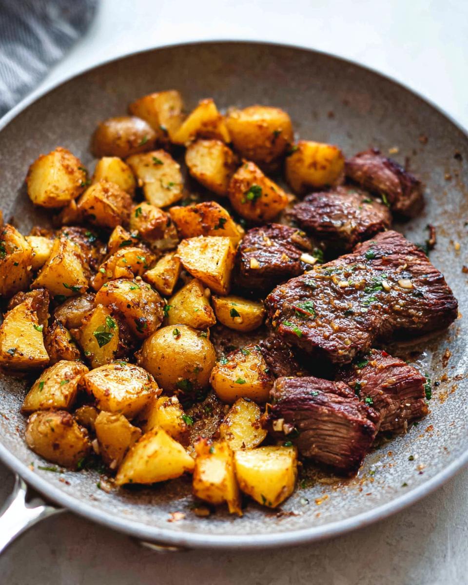 Close-up of Garlic Butter Steak and Potatoes Skillet in a pan, featuring golden roasted potatoes and juicy steak bites.