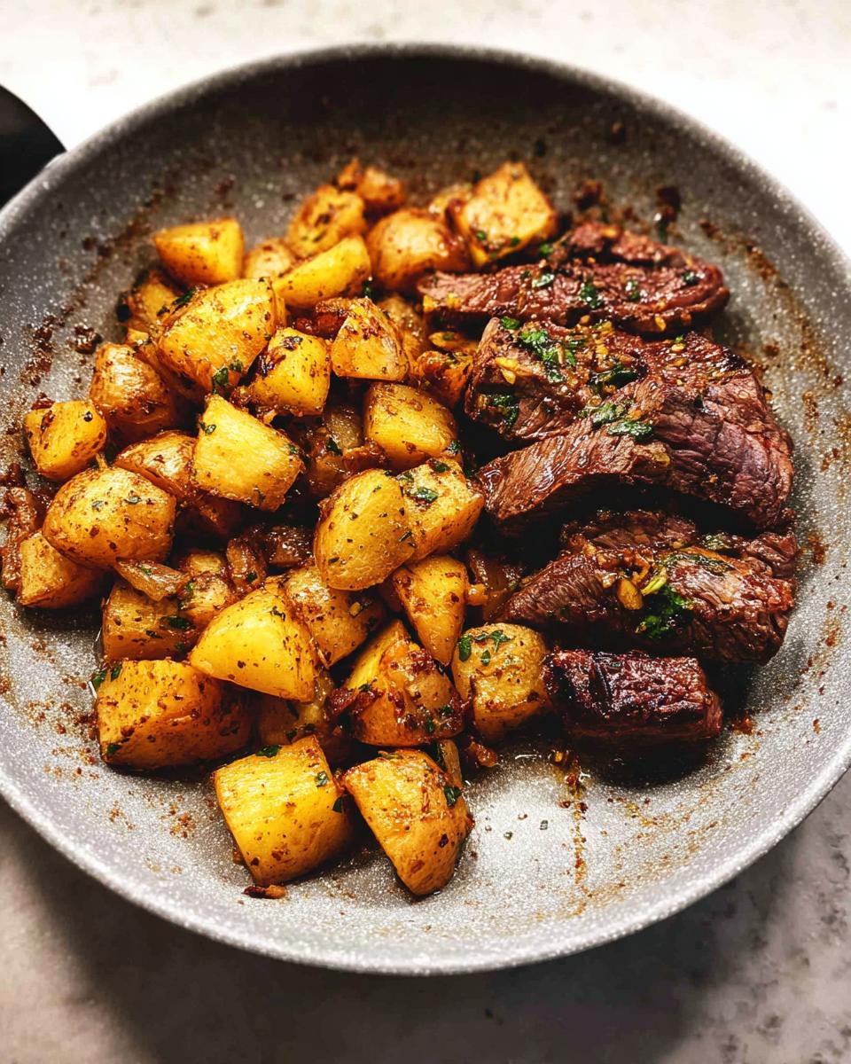 Close-up of a Garlic Butter Steak and Potatoes Skillet, featuring tender steak slices and golden-brown roasted potatoes.