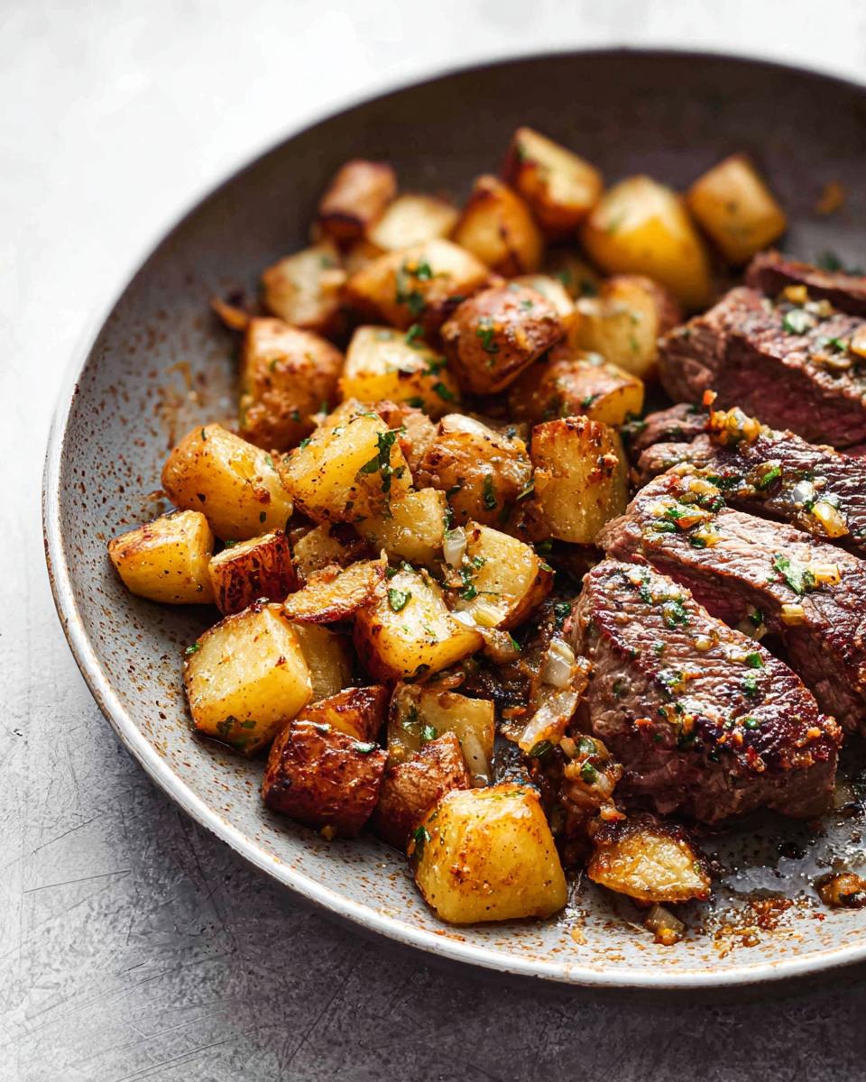 A close-up of a Garlic Butter Steak and Potatoes Skillet, featuring sliced steak and golden-brown roasted potatoes.