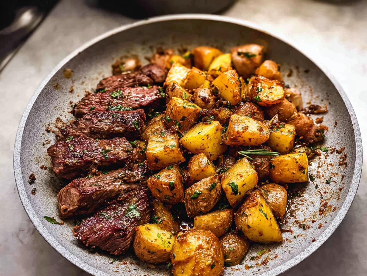 Close-up of Garlic Butter Steak and Potatoes Skillet in a pan, featuring sliced steak and golden roasted potatoes.