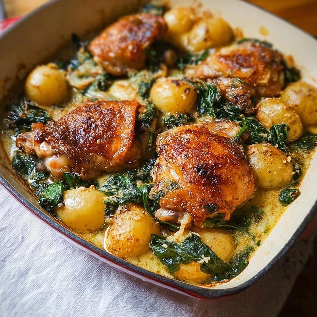 A close-up of a baking dish filled with golden-brown Garlic Parmesan Chicken Thighs and Potatoes, surrounded by wilted spinach.
