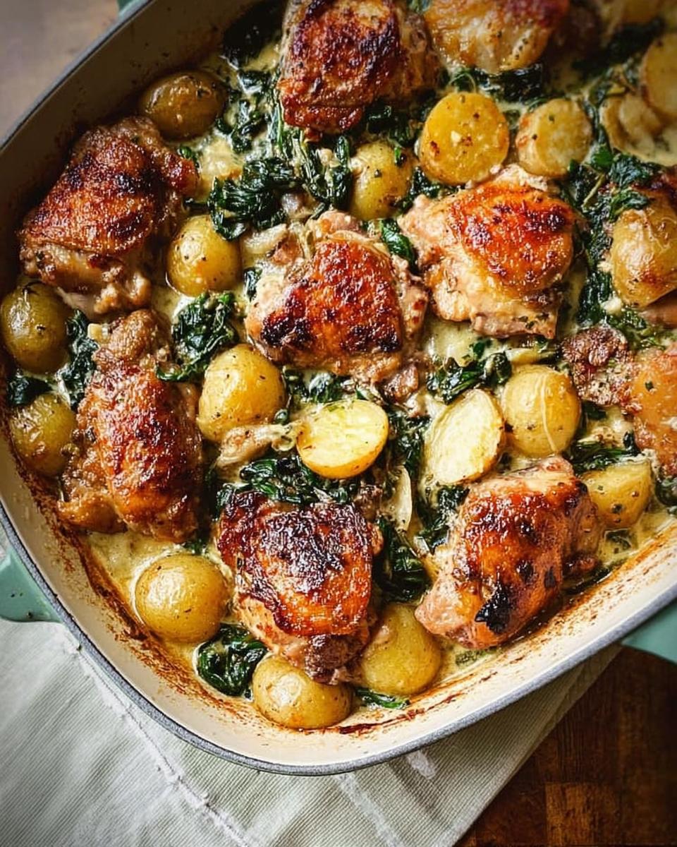 Close-up of golden brown Garlic Parmesan Chicken Thighs and Potatoes baked in a creamy sauce with spinach.