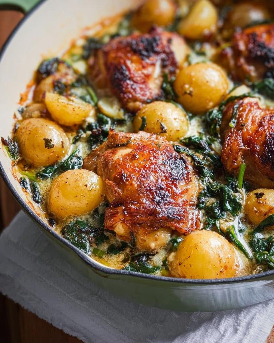 A close-up of Garlic Parmesan Chicken Thighs and Potatoes cooked in a creamy sauce with spinach.