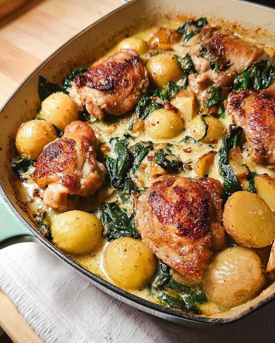 A close-up view of Garlic Parmesan Chicken Thighs and Potatoes simmering in a creamy sauce with spinach in a cast-iron skillet.