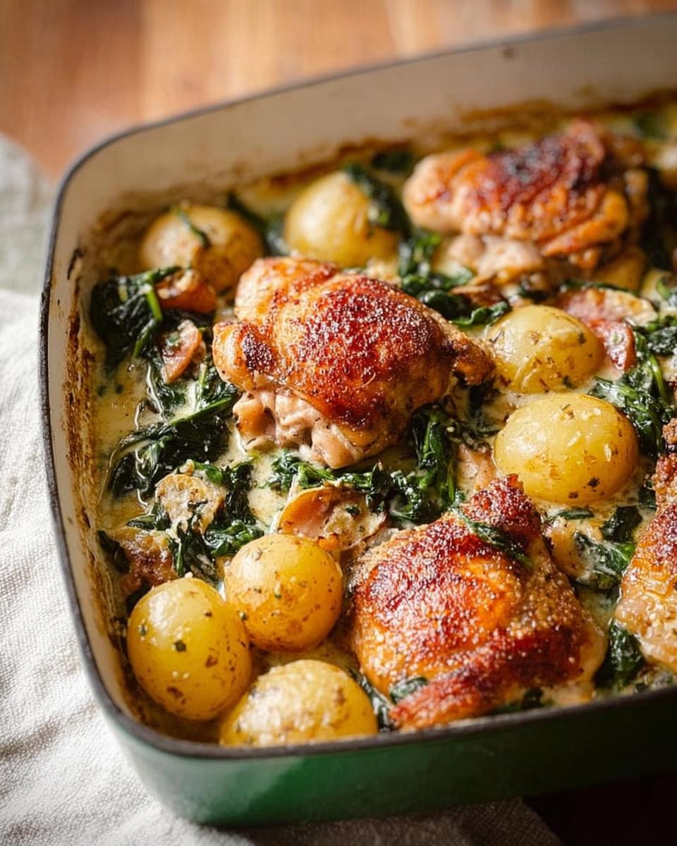 Close-up of baked Garlic Parmesan Chicken Thighs and Potatoes in a green baking dish, with creamy sauce and spinach.