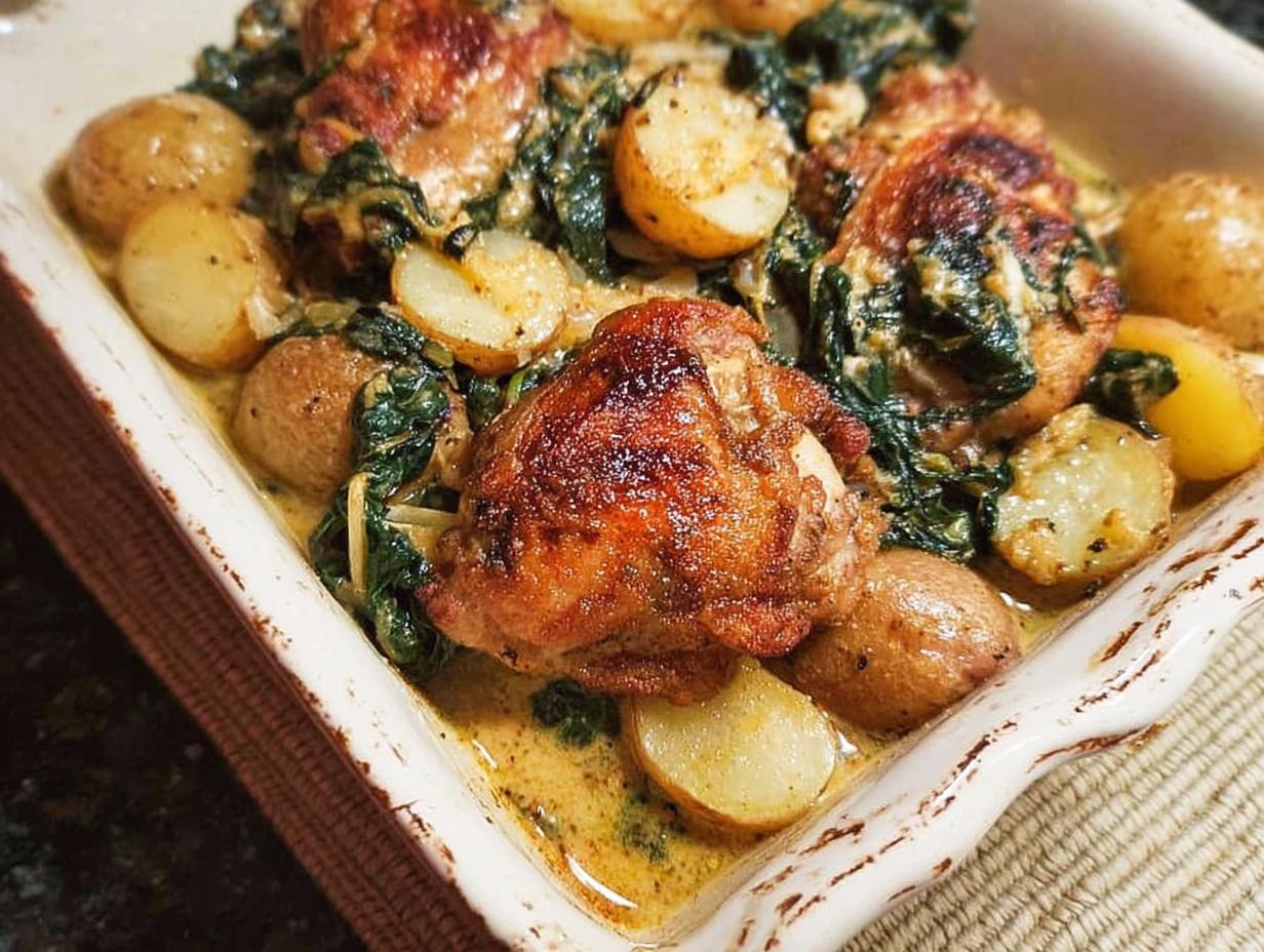 A close-up of a creamy dish featuring golden-brown Garlic Parmesan Chicken Thighs and tender baby potatoes with spinach.