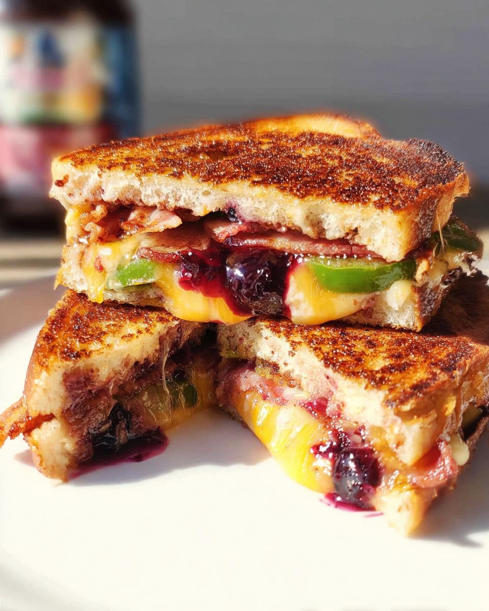 A gourmet blueberry grilled cheese sandwich, cut in half, revealing melted cheese, blueberries, and bacon.