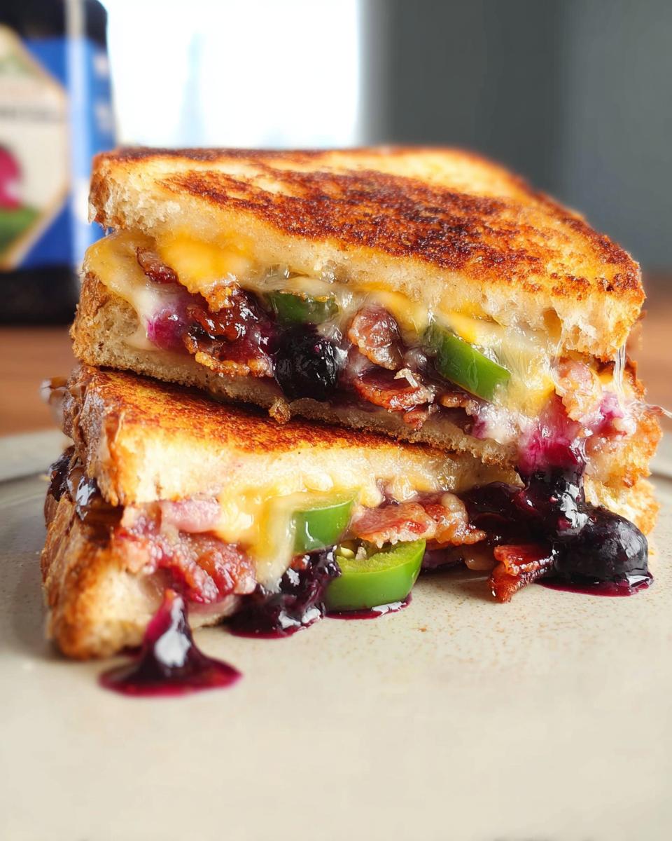 A gourmet blueberry grilled cheese sandwich, cut in half, showing melted cheese, bacon, blueberries, and jalapenos.