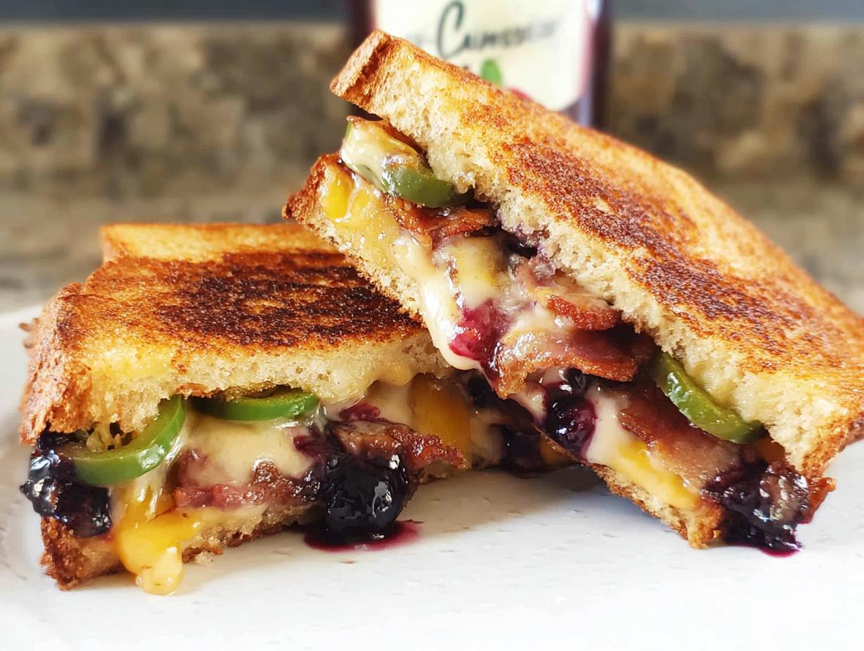 A gourmet blueberry grilled cheese sandwich cut in half, revealing melted cheese, blueberries, bacon, and jalapenos.