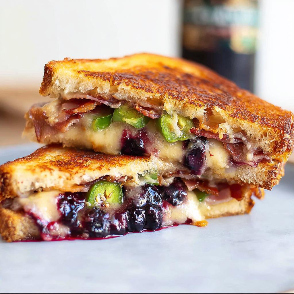 Close-up of a gourmet blueberry grilled cheese sandwich, cut in half, showing melted cheese, blueberries, bacon, and jalapenos.