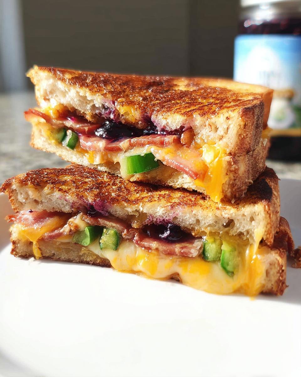 A close-up of a gourmet blueberry grilled cheese sandwich, stacked and oozing with melted cheese, bacon, and jalapeños.