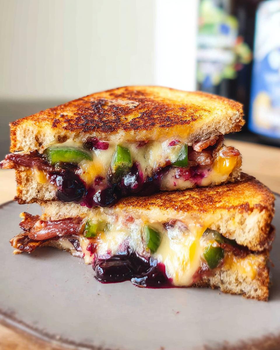 A gourmet blueberry grilled cheese sandwich, cut in half, showing melted cheese, blueberries, and bacon.