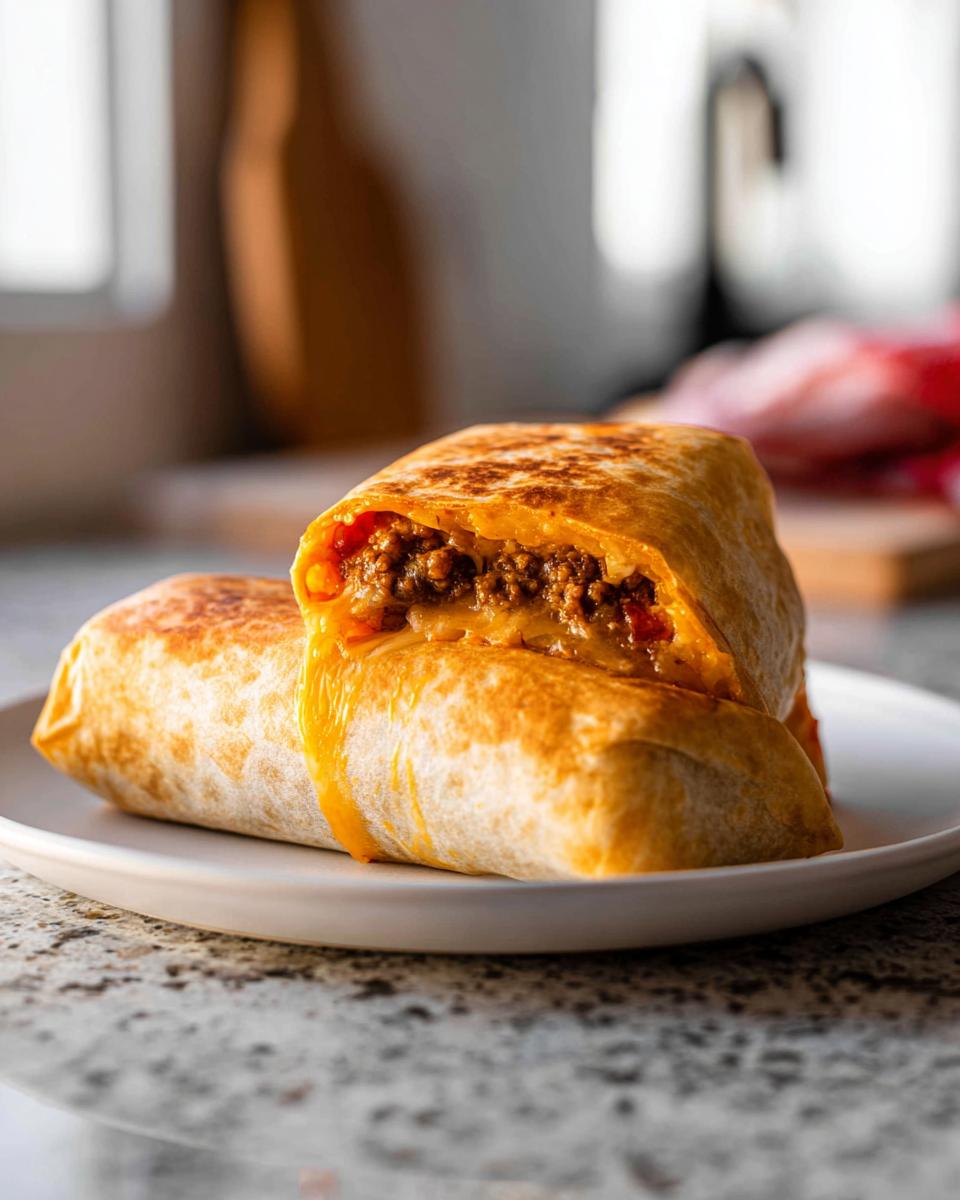A close-up of a Grilled Cheese Burrito Made Easy, cut in half, revealing a gooey cheese and seasoned meat filling.