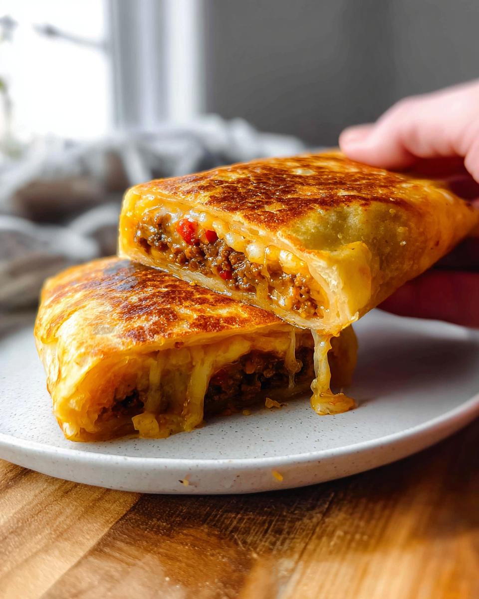 A close-up of a Grilled Cheese Burrito Made Easy, cut in half, showing a gooey cheese pull and savory filling.