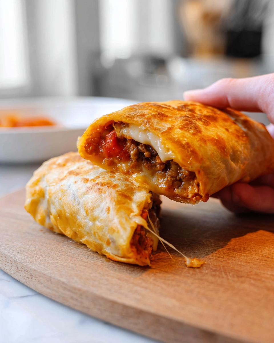 A hand holding a delicious Grilled Cheese Burrito Made Easy, cut in half to reveal a cheesy, meaty filling.