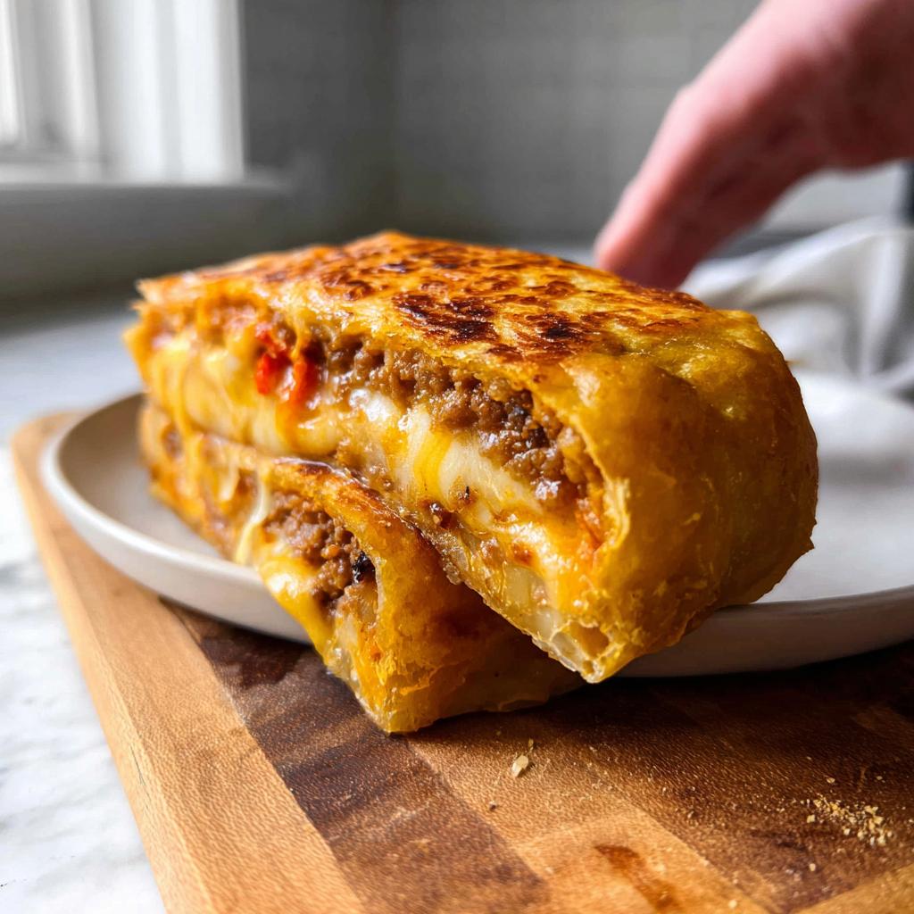 A close-up of a grilled cheese burrito made easy, showing a golden-brown tortilla filled with seasoned ground meat and melted cheese.