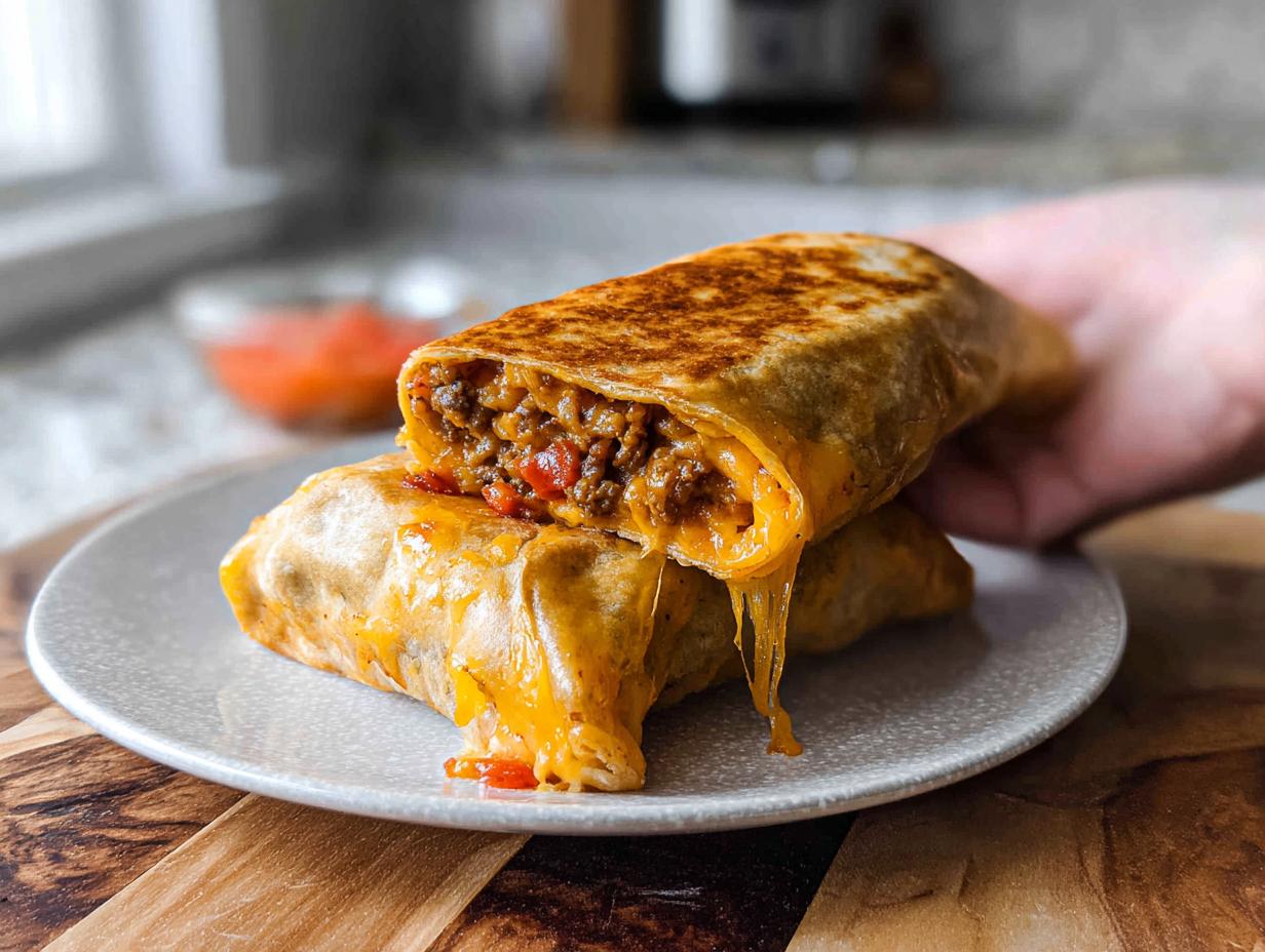 A close-up of a Grilled Cheese Burrito cut in half, showing a gooey, melted cheese pull and savory filling.