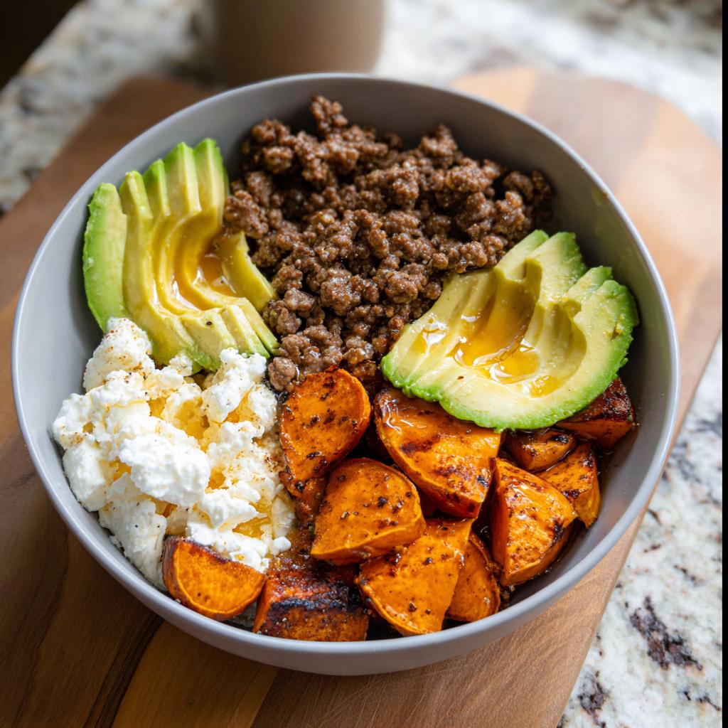 A delicious Ground Beef Hot Honey Bowl filled with seasoned ground beef, sliced avocado, cottage cheese, and roasted sweet potato chunks.