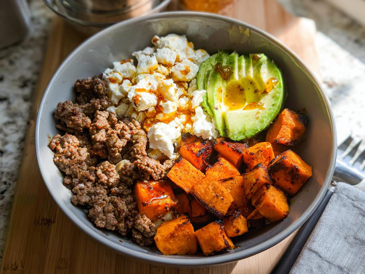 A delicious Ground Beef Hot Honey Bowl featuring seasoned ground beef, roasted sweet potatoes, crumbled feta cheese, and sliced avocado.