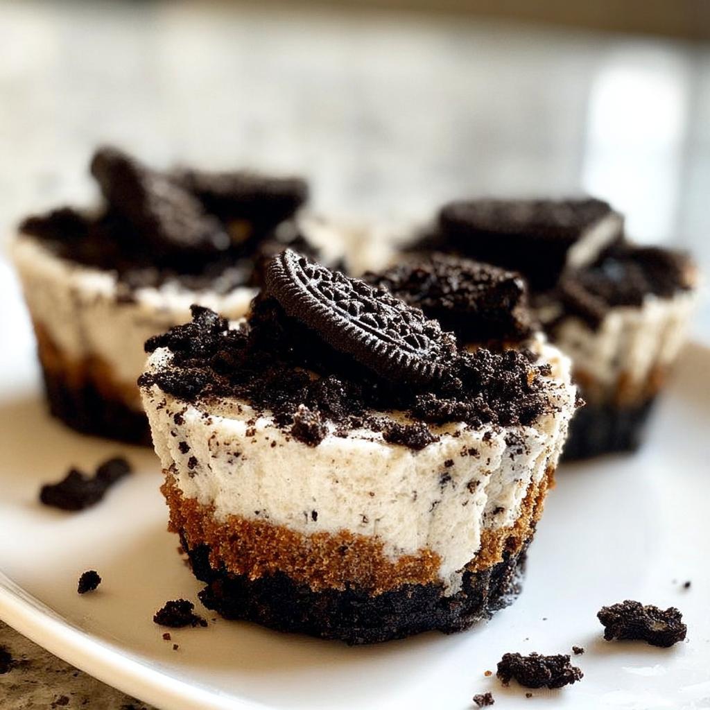 Close-up of delicious Healthy No-Bake Oreo Cheesecake Bites topped with crushed Oreos and a whole Oreo cookie.