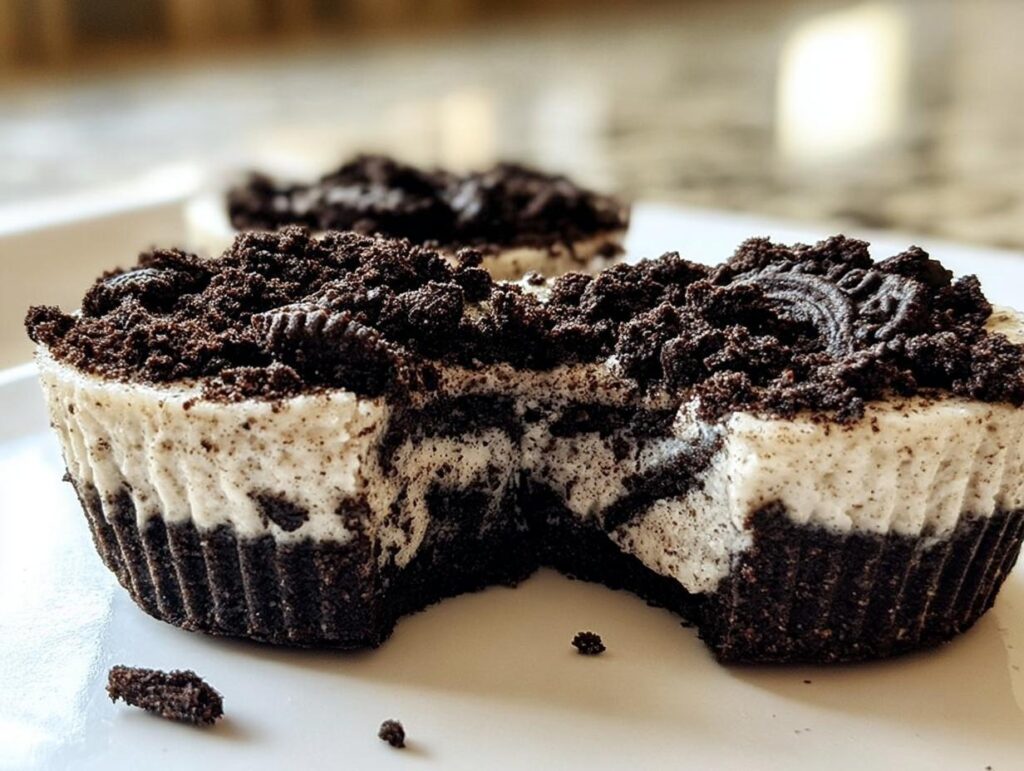 A close-up of a healthy no-bake Oreo cheesecake bite with a bite taken out, showing the creamy filling and cookie crust.
