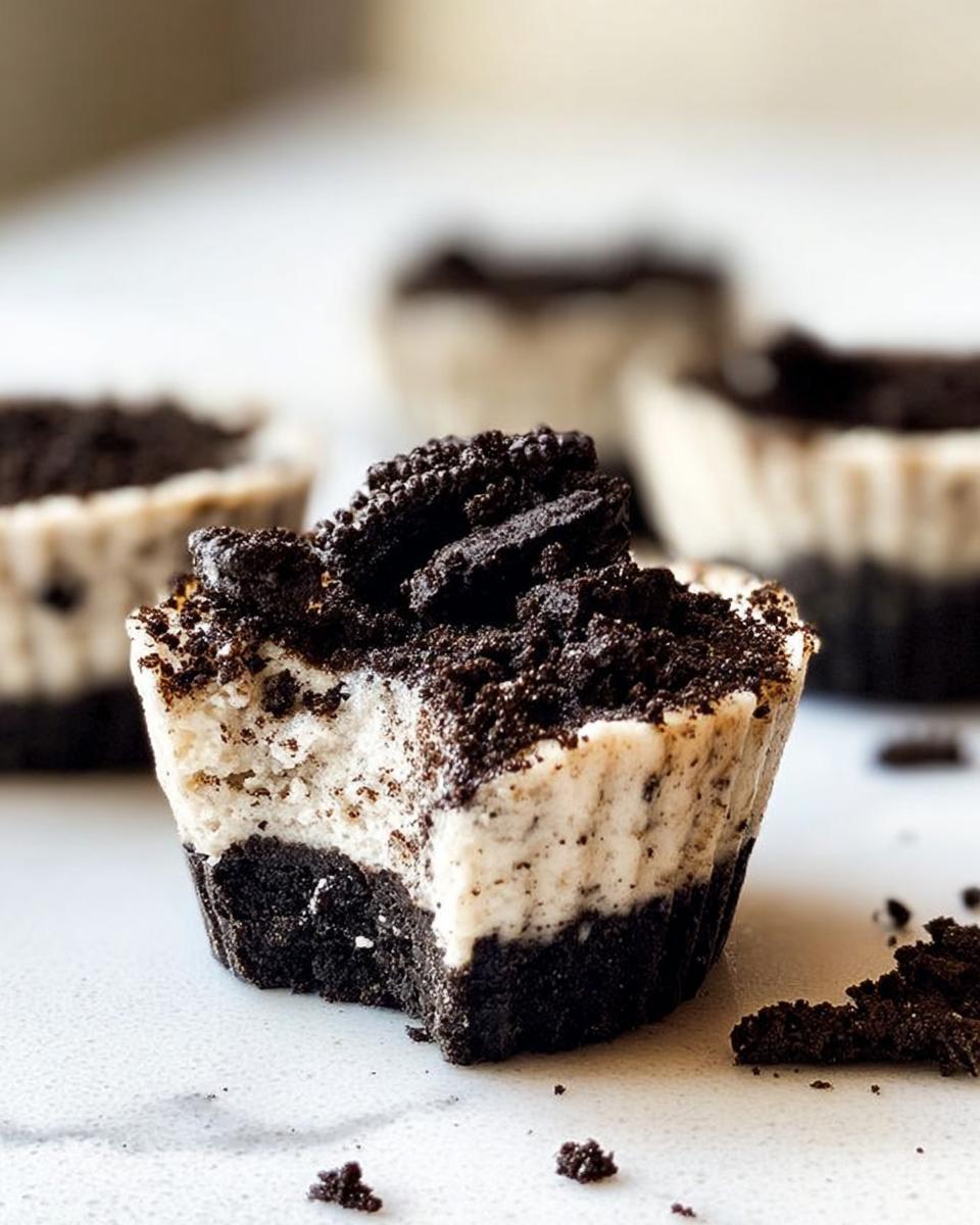 A close-up of a healthy no-bake Oreo cheesecake bite with a bite taken out, showing the creamy filling and cookie crust.