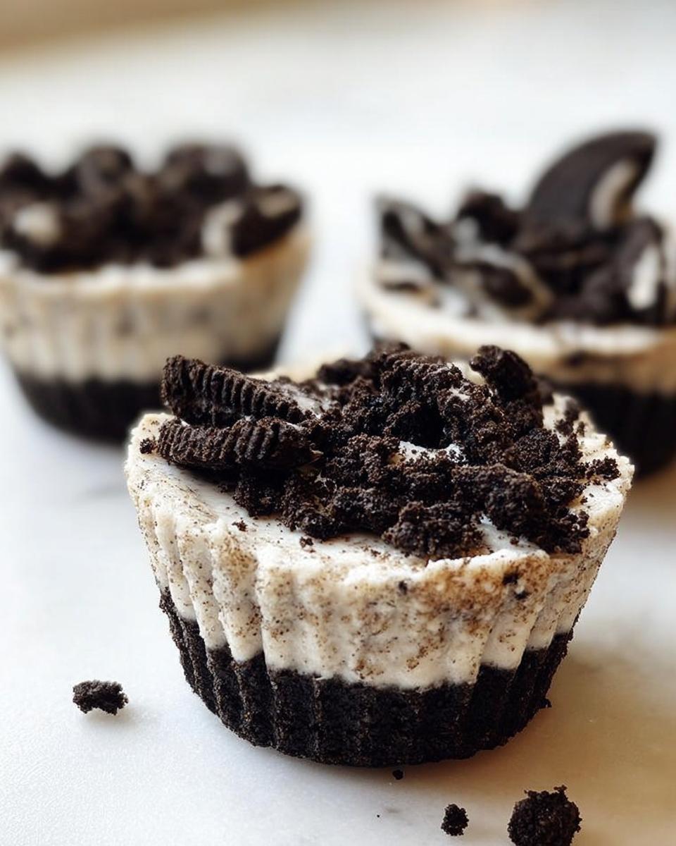 Close-up of a Healthy No-Bake Oreo Cheesecake Bite topped with crushed Oreo cookies.