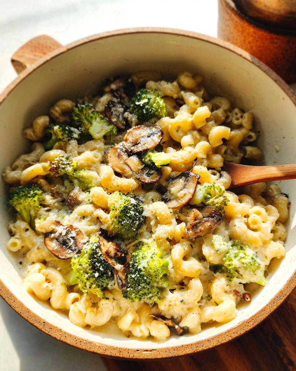 A bowl of Healthy One Pot Broccoli Mac & Cheese with pasta, broccoli florets, and sliced mushrooms.